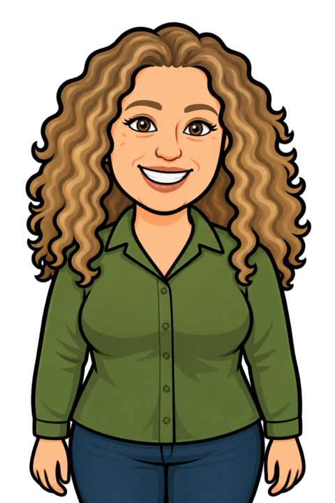 Cartoon portrait of Jamie, smiling, with long curly hair and a green button-up shirt