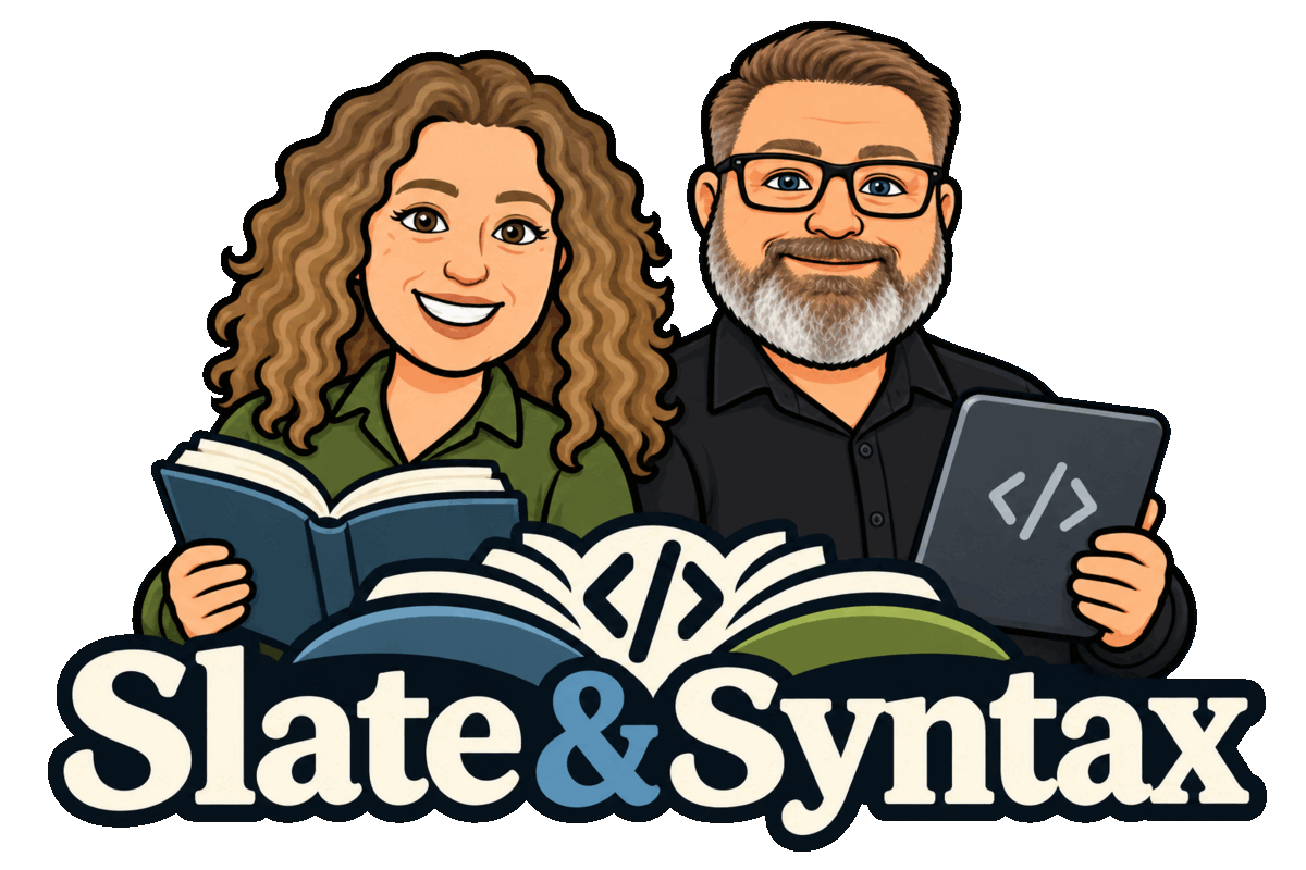 Slate & Syntax logo: Jamie holding an open book and Zardon holding a tablet showing a code symbol