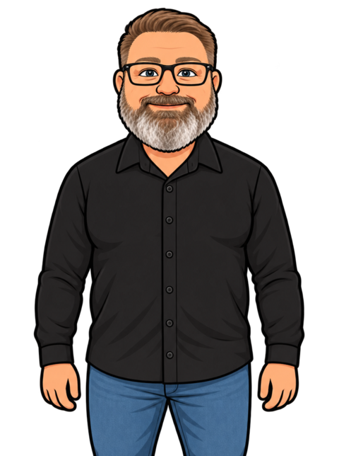 Cartoon portrait of Zardon, smiling, with glasses, a gray beard, and a black button-up shirt